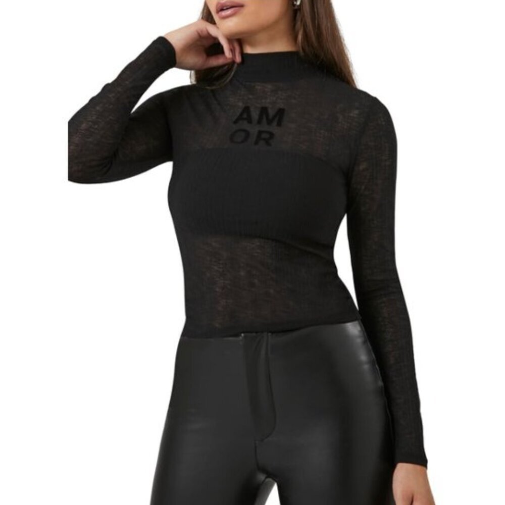Forever 21 Ribbed “AMOR” Mock Neck Top – Black Small NWT